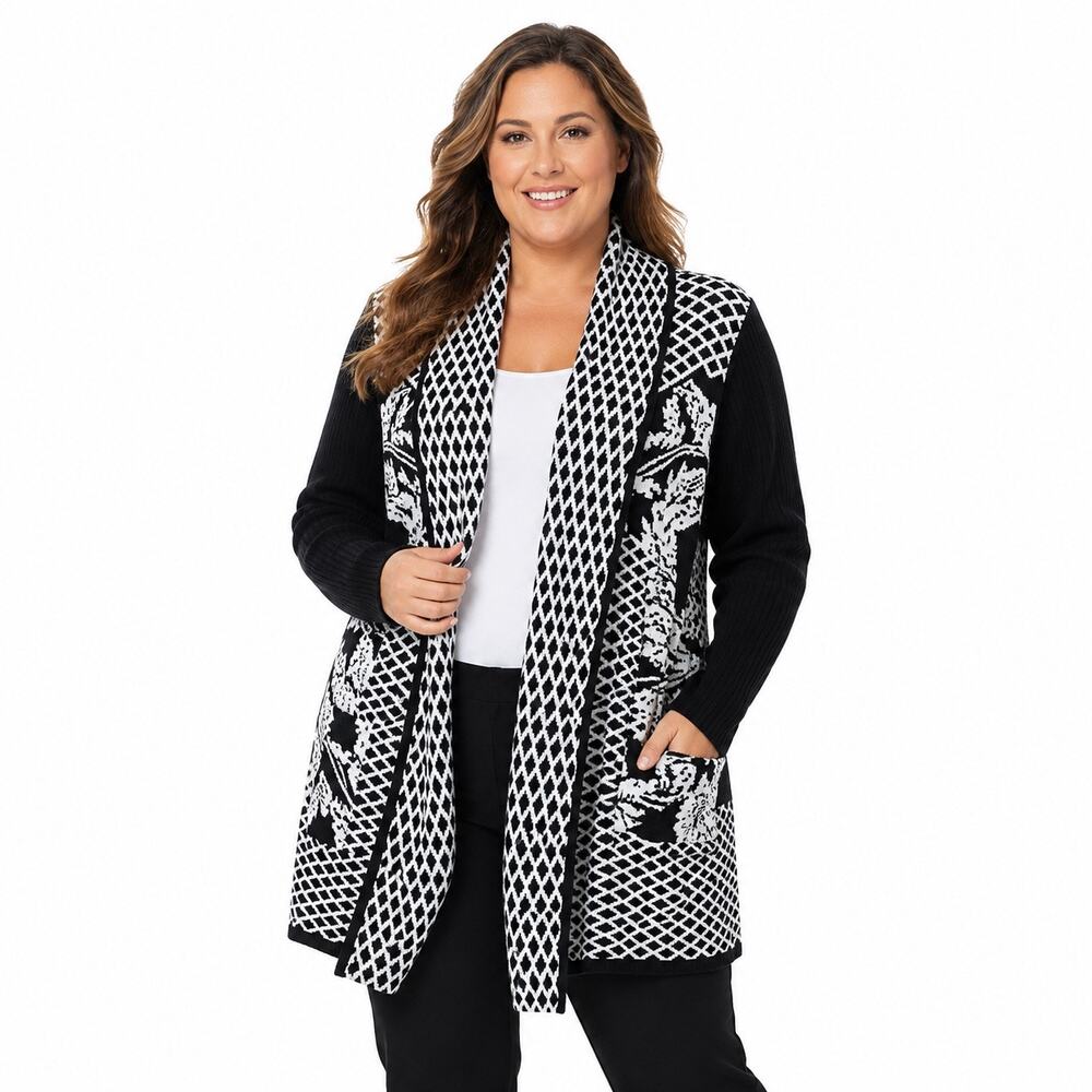 Roaman's Size 2X Cardigan Sweater Diamond Cage Open Front Cozy Knit Relaxed